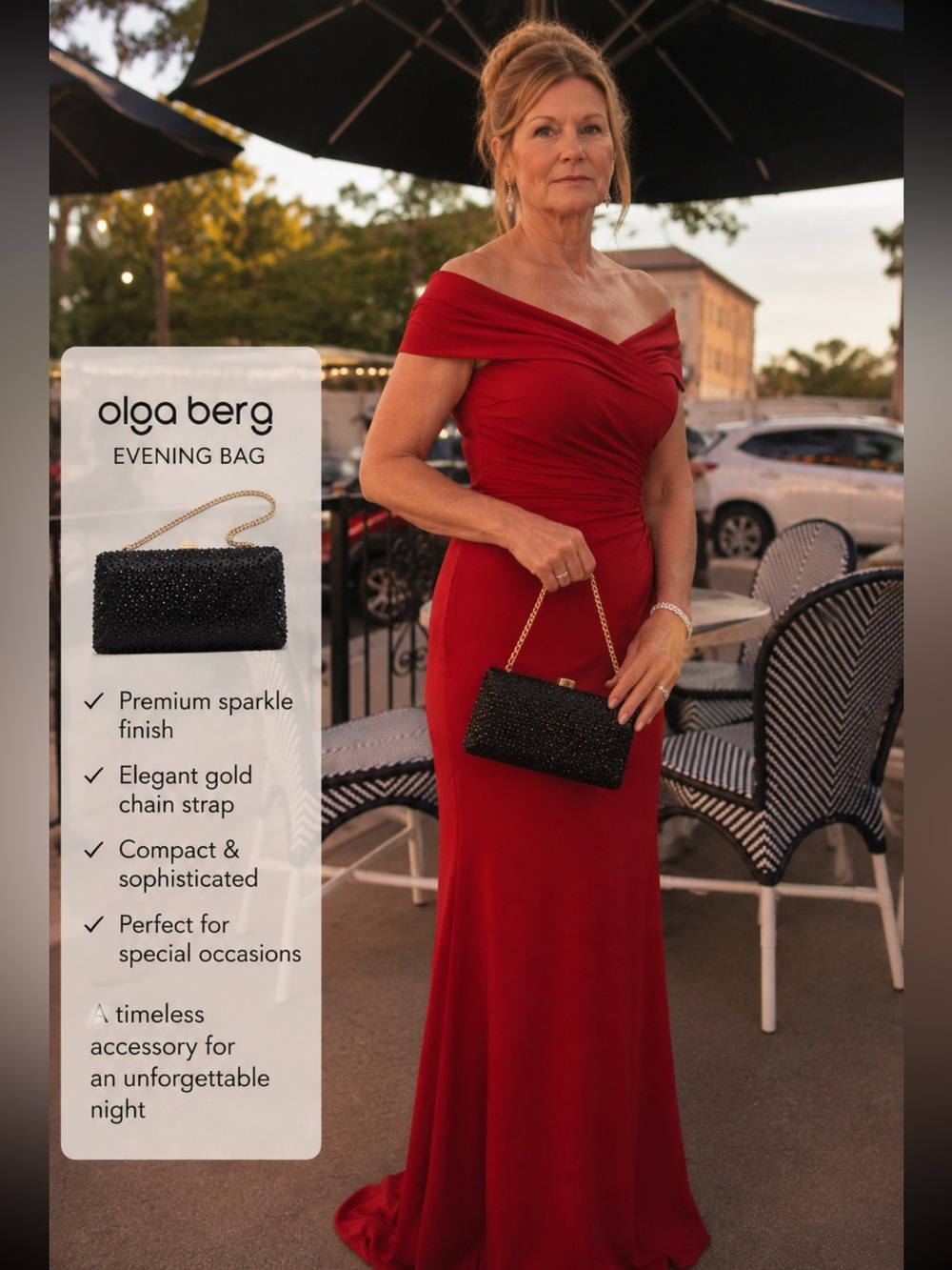 Olga Berg Black Sparkle Clutch with Gold Chain Strap